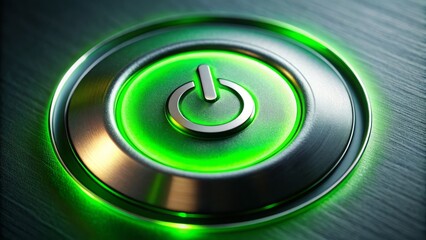 A close-up shot of a shiny metal power button illuminated in bright green, indicating it's turned on and ready for action.