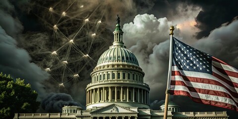 A large building with a dome on top and a flag flying in front of it