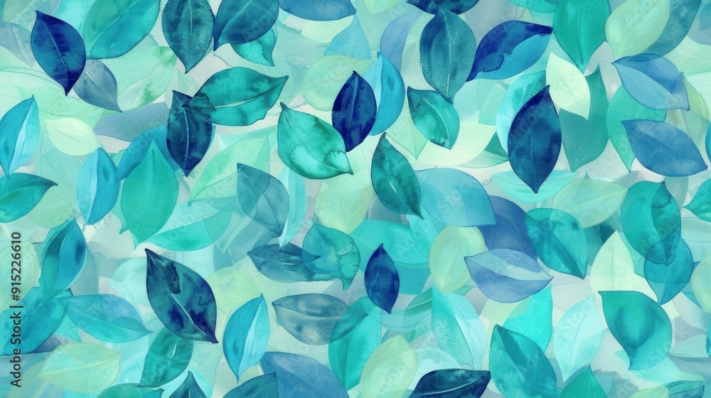Poster A seamless pattern of blue and green leaves painted in watercolor, creating a calming and organic design. The leaves are layered on top of each other, creating a sense of depth and texture. The overal