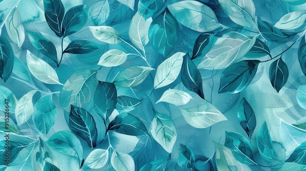 Aufkleber The image is a watercolor painting of teal leaves on a blue background. The leaves are various shades of teal and are arranged in a random pattern, creating a sense of movement and depth.
