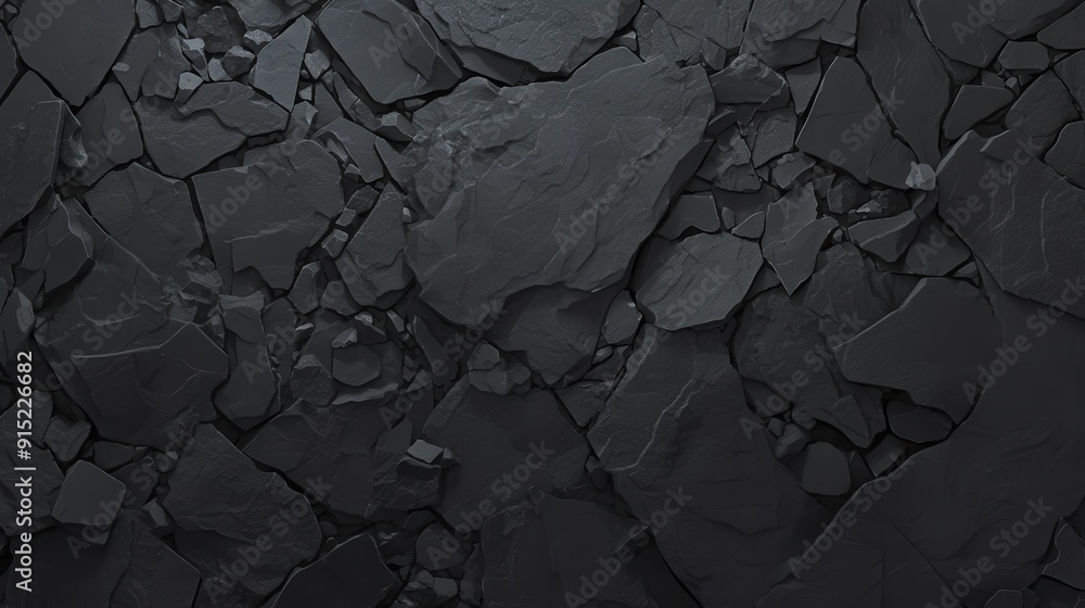 Poster a collection of dark stones lies on the ground, forming a textured and rugged surface with varying s