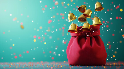 Full red Santa sack bag filled gold chime bells aqua blue teal background festive Christmas holiday gift present decoration online shop charity fundraising concept copy space banner fantasy magic blur