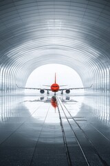An ultramodern grey airport terminal with sleek lines and expansive grey tarmac is highlighted by a single, brightly colored red airplane, standing out against the muted backdrop.