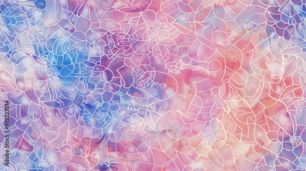 Poster This image features a colorful abstract pattern. The background is a soft blend of pink and blue watercolor, creating a hazy, dreamy effect. Overlaid on top of the watercolor is a delicate white line 