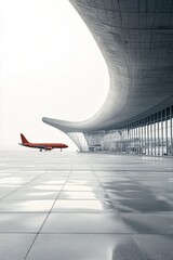 Fototapeta premium An ultramodern grey airport terminal with sleek lines and expansive grey tarmac is highlighted by a single, brightly colored red airplane, standing out against the muted backdrop.