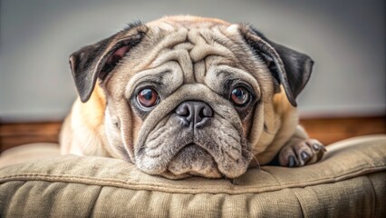 Adorable senior pug with grey muzzle and wrinkled skin lies comfortably on a soft cushion, showcasing tender eyes and sweet gentle expression.