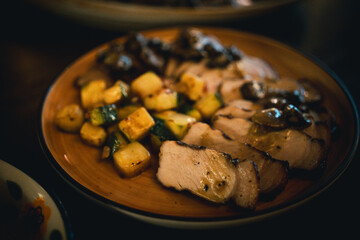 Roast beef with truffle sauce. Close up