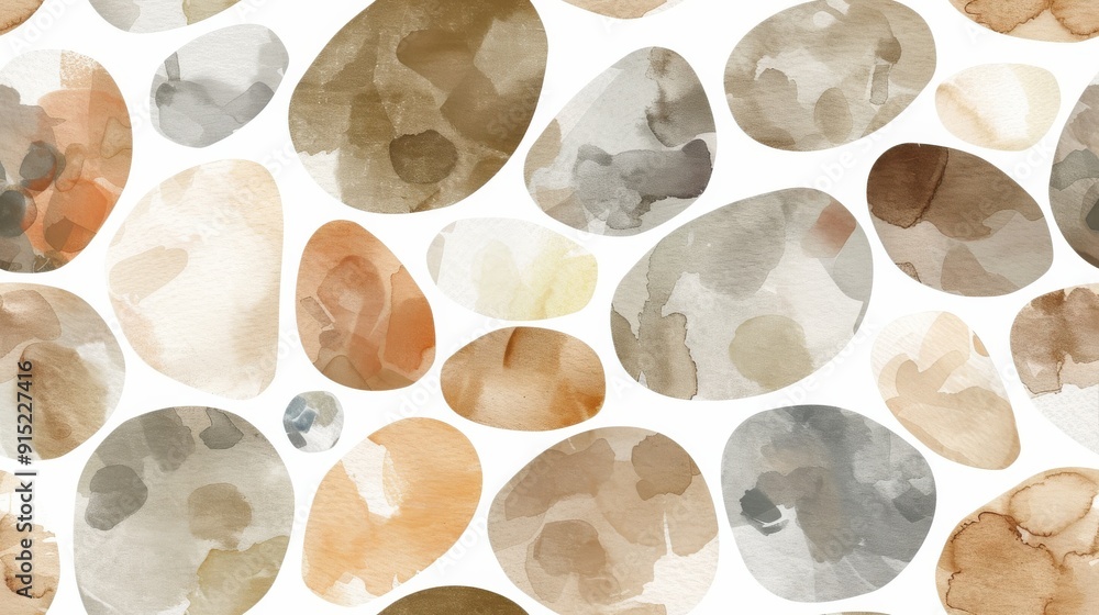 Aufkleber An abstract watercolor pattern featuring a variety of brown and gray stones, each painted with delicate washes of color. The stones are arranged in a random pattern on a white background, creating a v