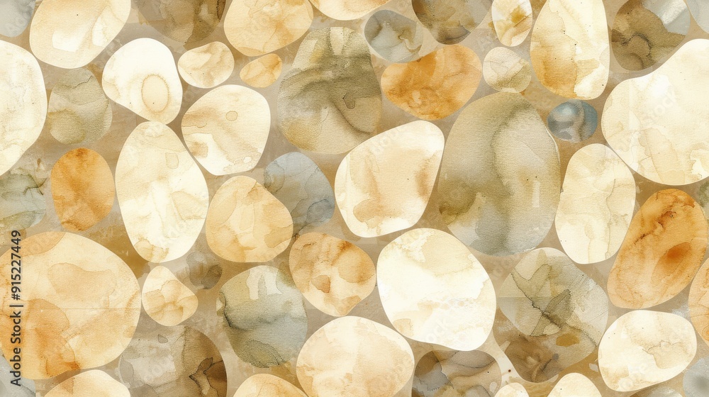 Aufkleber The image features a close-up of a seamless pattern of abstract pebbles in various shades of beige and brown. The pebbles are painted in a watercolor style, with soft edges and subtle details. The pat