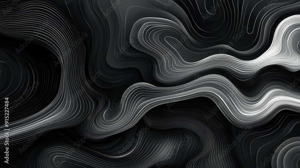 Poster swirling lines in black and white create an abstract backdrop, evoking movement and depth in a moder