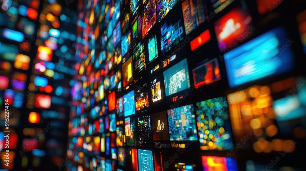 Aufkleber A wall filled with illuminated screens showcases a variety of digital content, creating an engaging and dynamic visual experience