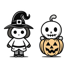 Illustrations of scary halloween pumpkin in witch hats. Design element for poster,card, banner, sign, emblem. Vector illustration