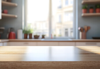 Empty tabletop over defocused kitchen with copy space