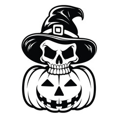 Illustrations of scary halloween pumpkin in witch hats. Design element for poster,card, banner, sign, emblem. Vector illustration