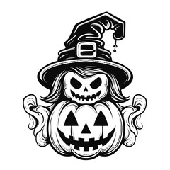 Illustrations of scary halloween pumpkin in witch hats. Design element for poster,card, banner, sign, emblem. Vector illustration