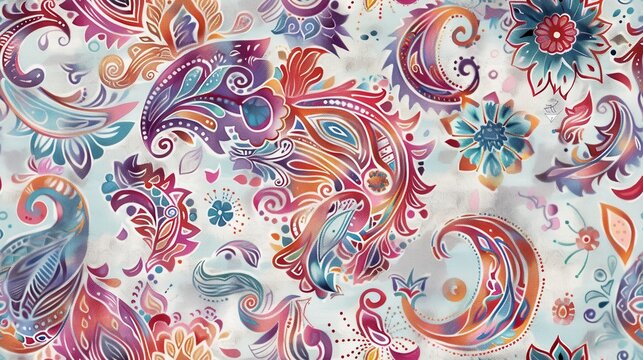 A seamless pattern featuring vibrant, colorful paisley designs with floral accents on a white background. The paisley shapes are intricately detailed and appear to be painted in a watercolor style, cr