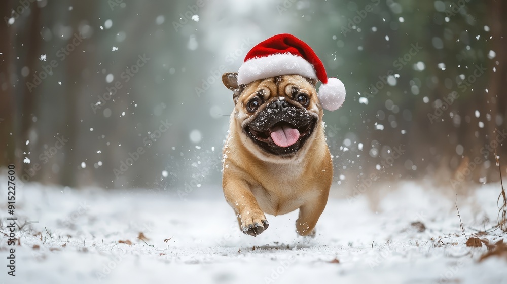 Poster A pug happily dashes through falling snow in a forest, wearing a festive Santa hat with a big smile on its face