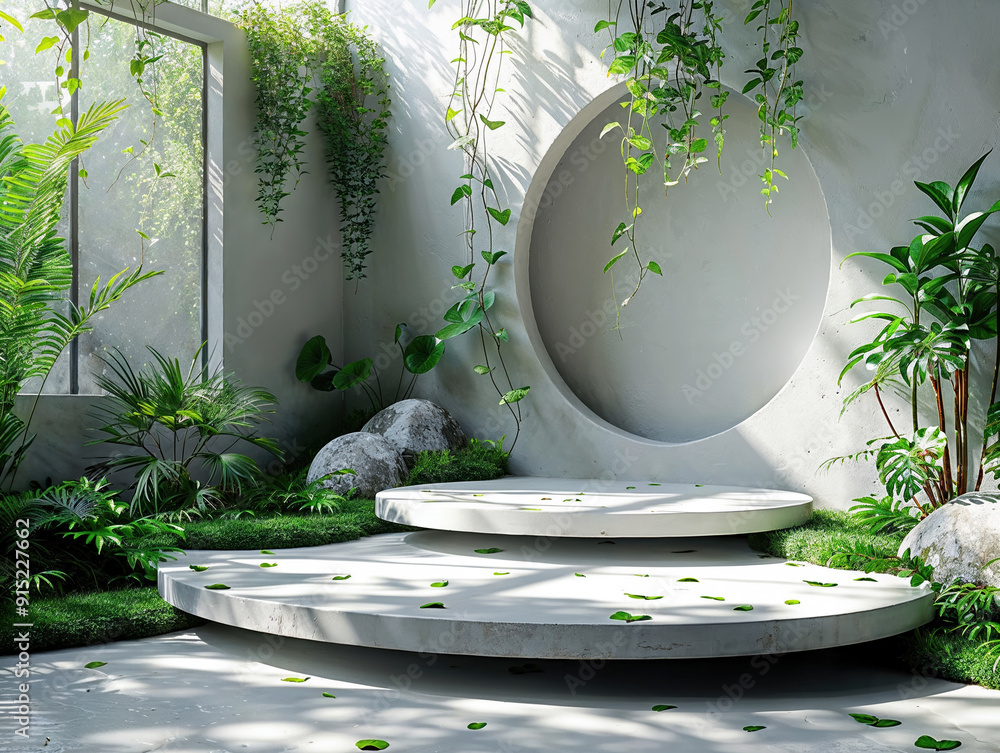 Aufkleber empty concrete podium displaying product with lush greenery and white wall background