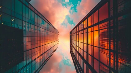 Modern skyscraper with a reflective glass facade, showcasing a stunning sunset, suitable for architectural branding, real estate marketing, and corporate design.
