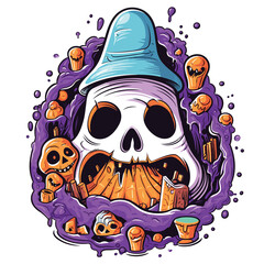 Illustrations of scary halloween pumpkin in witch hats. Design element for poster,card, banner, sign, emblem. Vector illustration