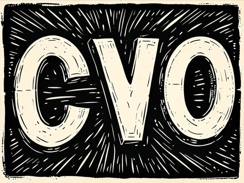 Text CVO in woodcut style black and white