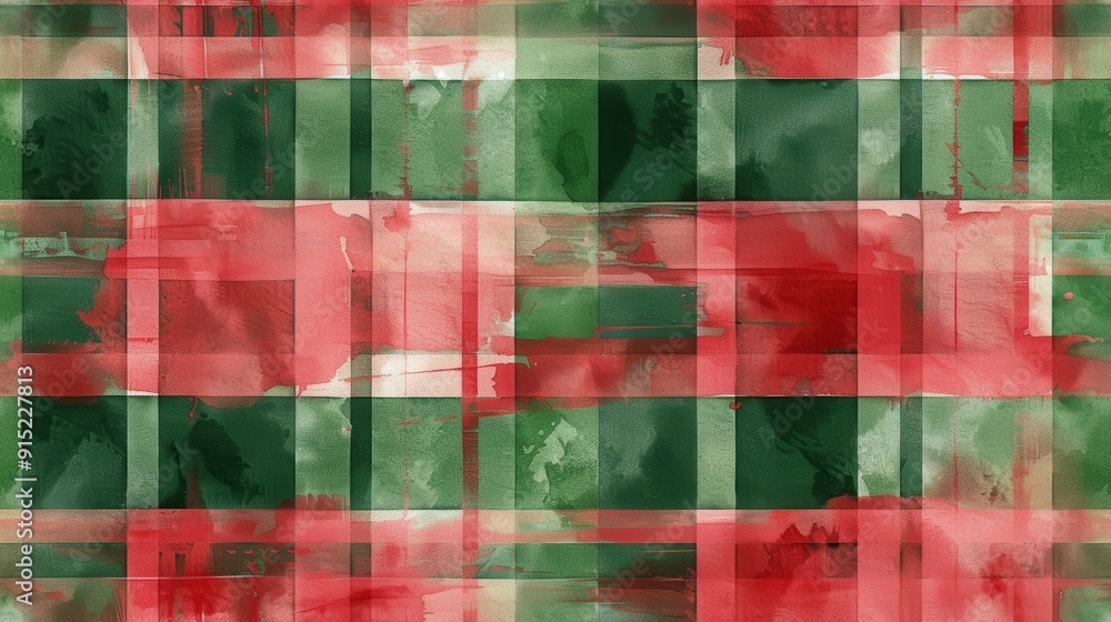 Leinwandbilder An abstract watercolor pattern featuring a plaid design in shades of red and green. The colors are blended and layered, creating a soft and delicate effect.
