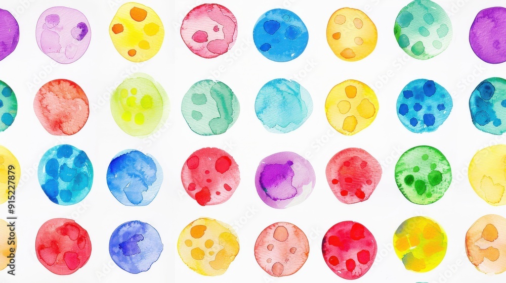 Poster A grid of 36 watercolor circles in various colors arranged in a grid pattern on a white background. The circles are painted in different shades of red, yellow, green, blue, and purple. Some circles ha
