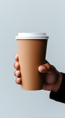 Hand holding a brown paper coffee mock up isolated on white background