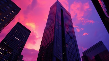 Fototapeta premium Towering skyscraper against sunset sky for real estate and urban development marketing 
