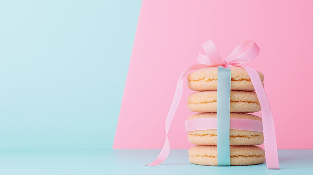 Cute stacked cookies pink ribbon pastel background baby shower gender reveal celebration bakery sweet treat dessert creative food minimal design light colors copy space festive cute display banner lux
