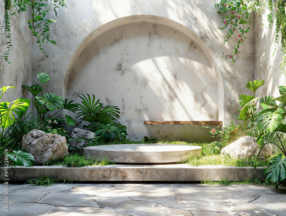 Aufkleber empty round display platform is with lush green tropical plants in white wall background