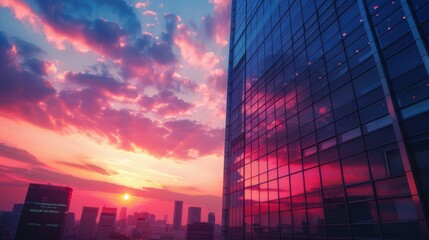 A skyscraper reflecting the dramatic colors of a sunset, perfect for urban development, real estate promotions, and cityscape visuals.
