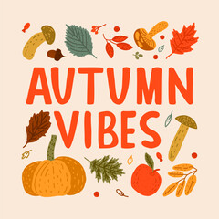 Hello autumn vector lettering with pumpkin, leaves and mushrooms for print, banner, card, poster