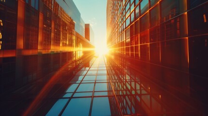 Fototapeta premium Dramatic shot of skyscrapers with golden sunset rays for vibrant urban architecture and cityscape marketing 
