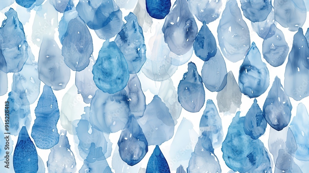 Poster a seamless pattern featuring abstract blue watercolor raindrops on a white background. the raindrops