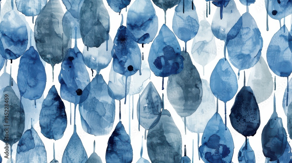 Aufkleber An abstract watercolor painting features a repeating pattern of blue, pear-shaped drops against a white background. The drops are painted in a variety of shades of blue, creating a visually dynamic pa