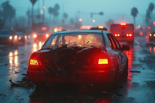 dramatic multicar pileup on misty highway twisted metal and shattered glass strewn across rainslicked asphalt emergency lights piercing through fog