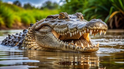 Obraz premium A menacing saltwater crocodile partially submerged in murky river water, its scaly body and sharp teeth blending into the surrounding aquatic environment.