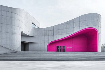 An ultramodern grey concert hall with a smooth, curving facade and grey steps leading up to the entrance is contrasted by a single, brightly colored pink ticket booth, serving as a focal point.