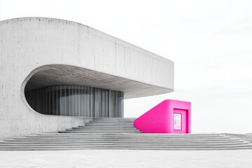 An ultramodern grey concert hall with a smooth, curving facade and grey steps leading up to the entrance is contrasted by a single, brightly colored pink ticket booth, serving as a focal point.