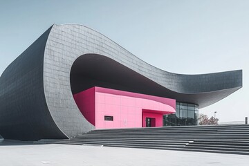 An ultramodern grey concert hall with a smooth, curving facade and grey steps leading up to the entrance is contrasted by a single, brightly colored pink ticket booth, serving as a focal point.