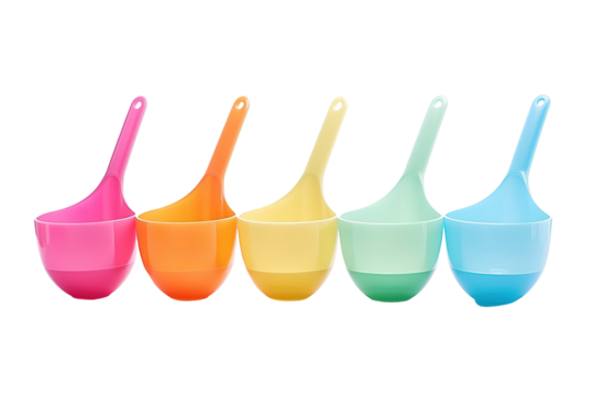 Vibrant Collection of Rainbow-Colored Measuring Cups Line Up Against A Soft White Background on Transparent PNG Background. - Powered by Adobe