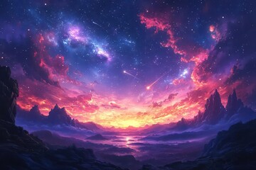 dreamy animeinspired night sky with swirling galaxies shooting stars and luminous celestial bodies in rich purples blues and pinks