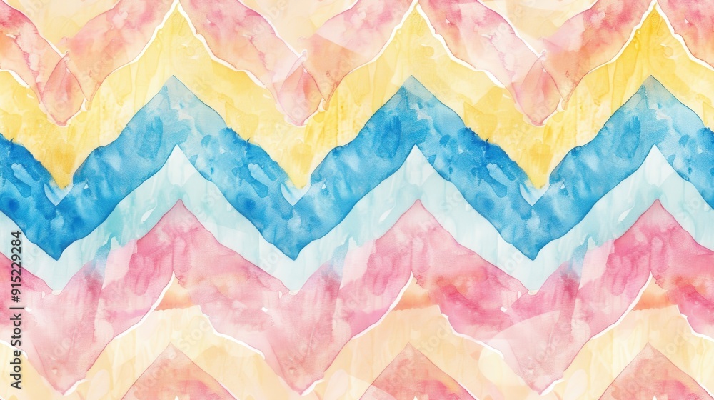 Poster a vibrant watercolor painting depicts a repeating pattern of zigzags in soft yellow, pink, and blue 