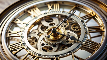 Analog clock macro shot showcasing intricately designed minute and hour hands moving smoothly over a clean white face with subtle shadows and texture.