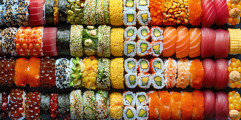 Set of sushi and rolls, Japanese food concept