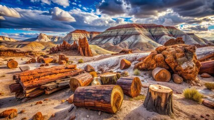Fototapeta premium Ancient fossilized tree trunks stand like sentinels amidst rust-hued rock formations in a surreal, primordial landscape, echoing the earth's forgotten stories and ancient history.
