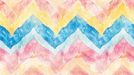 A vibrant watercolor painting depicts a repeating pattern of zigzags in soft yellow, pink, and blue tones. The colors blend and overlap, creating a dynamic and artistic effect.