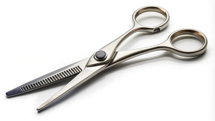 A pair of sharp, stainless steel hair cutting scissors lying open on a white background, ready to trim and style a fresh new look.
