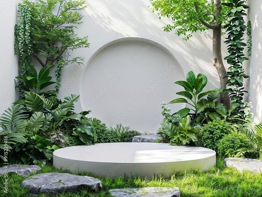 Poster empty round podium surrounded by lush green plants for product placement